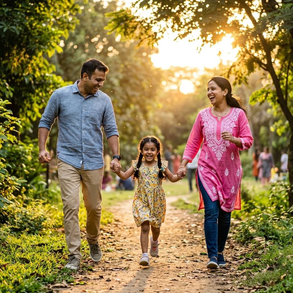 Happy family running through a park