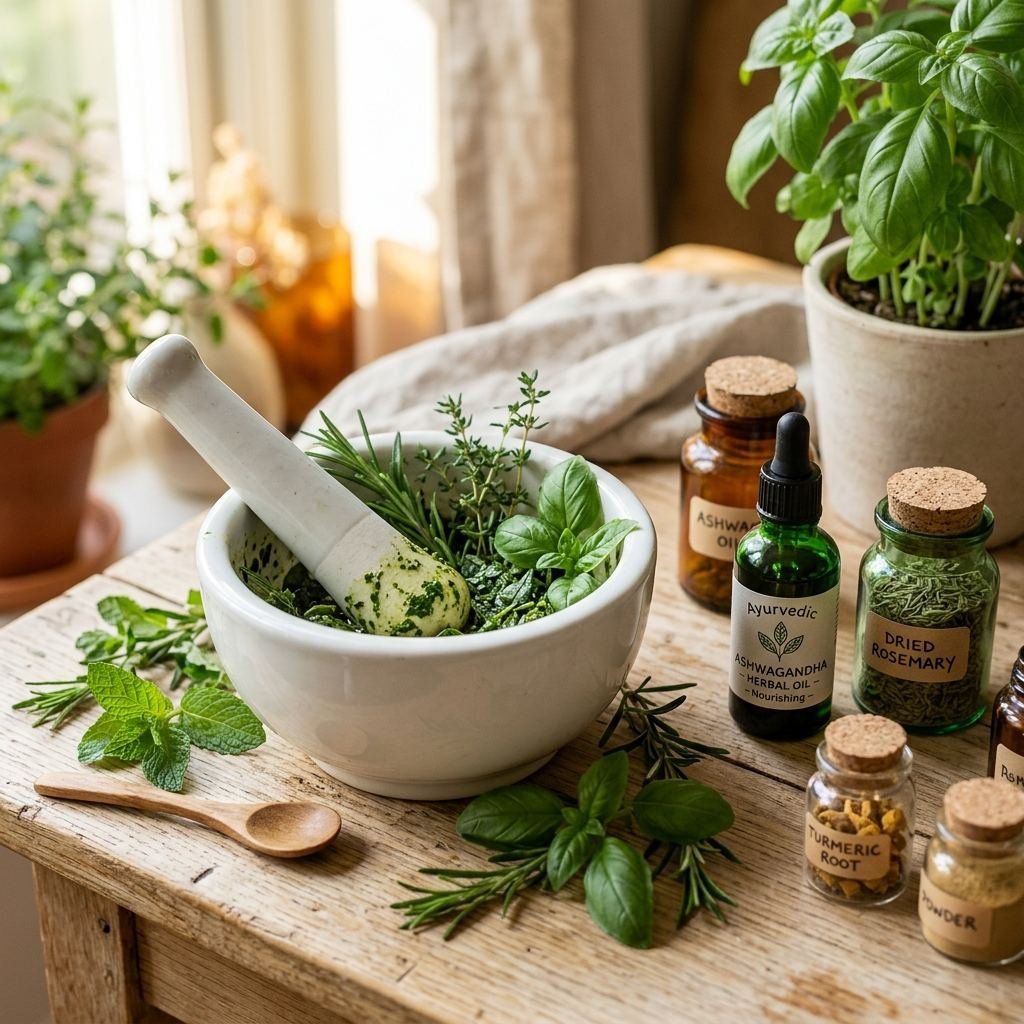 White mortar with fresh herbs and herbal oils